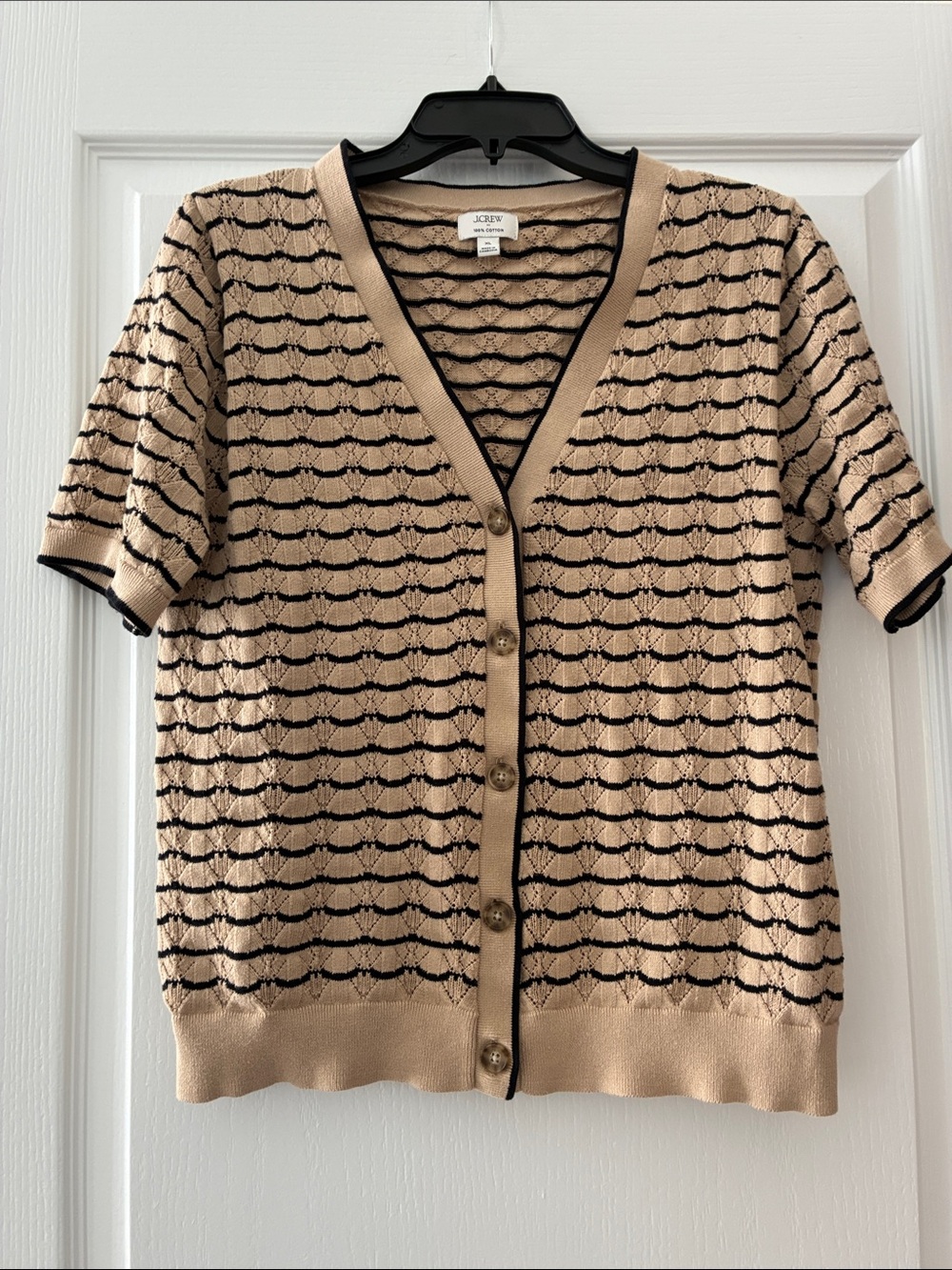 J. Crew Beige Short-Sleeve V-Neck Button Cardigan with Black Stripe Accents